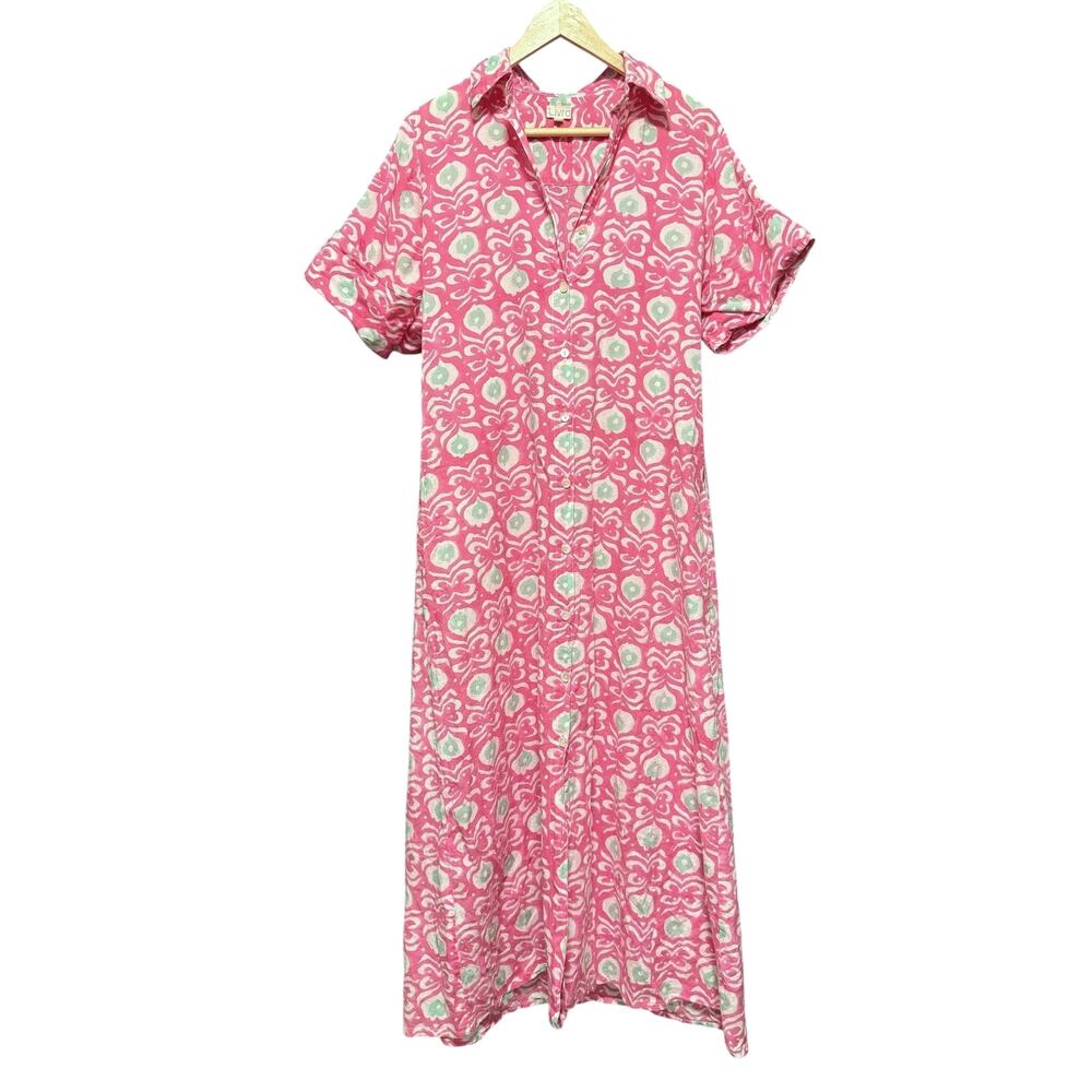 Livro Gibbons Maxi Shirt Dress Small S Pink Block Print 100% Cotton Boho Resort